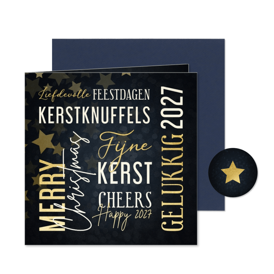 Moderne kerstkaart met woorden in goudlook - Kaartimpressie