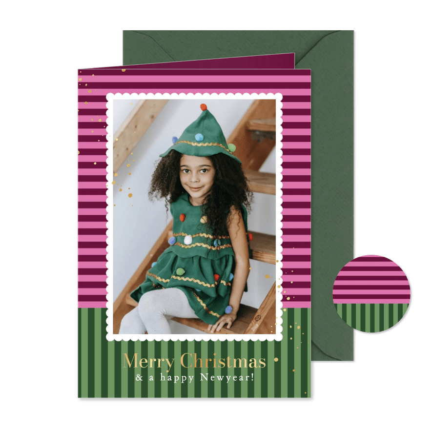 Moderne kerstkaart streeppatroon foto kader kleurrijk goud - Kaartimpressie