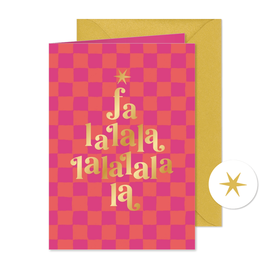 Moderne kerstkaart trend color chessboard goud kerstboom - Kaartimpressie