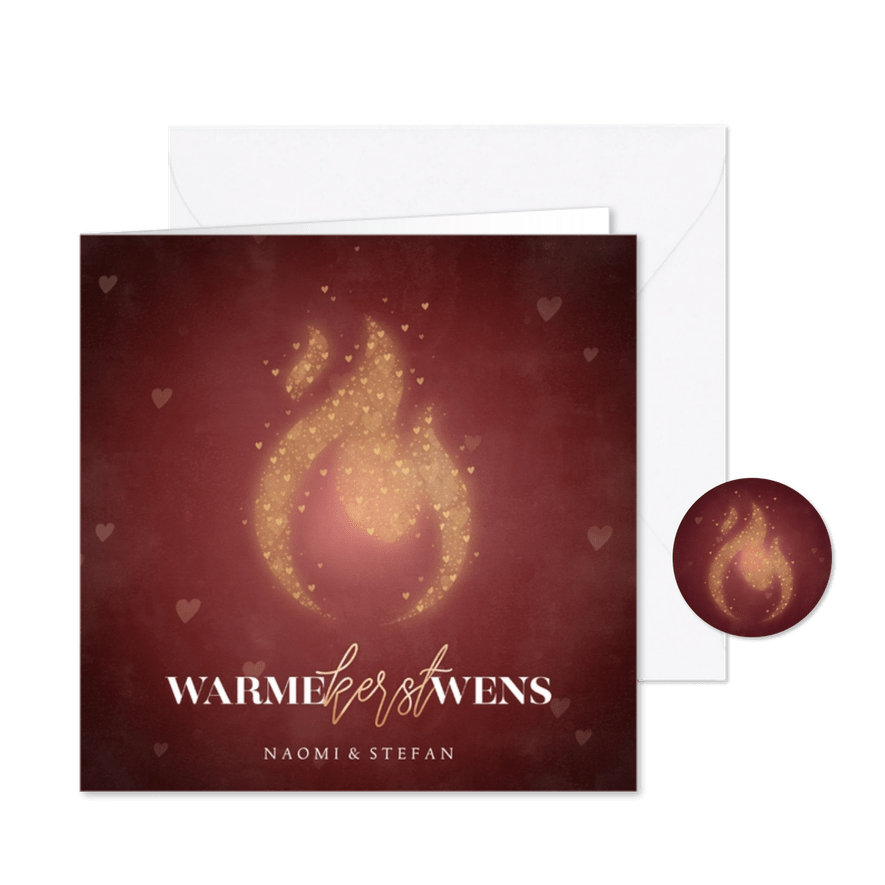 Moderne kerstkaart warme kerstwens met vlammetje en hartjes - Kaartimpressie