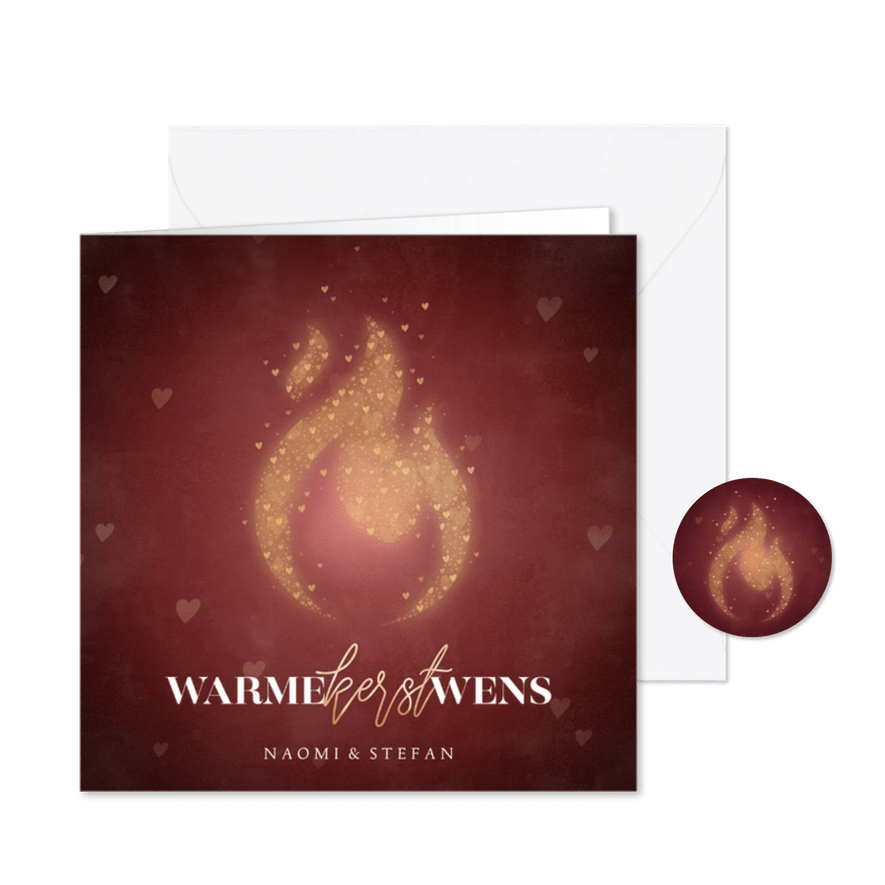 Moderne kerstkaart warme kerstwens met vlammetje en hartjes - Kaartimpressie