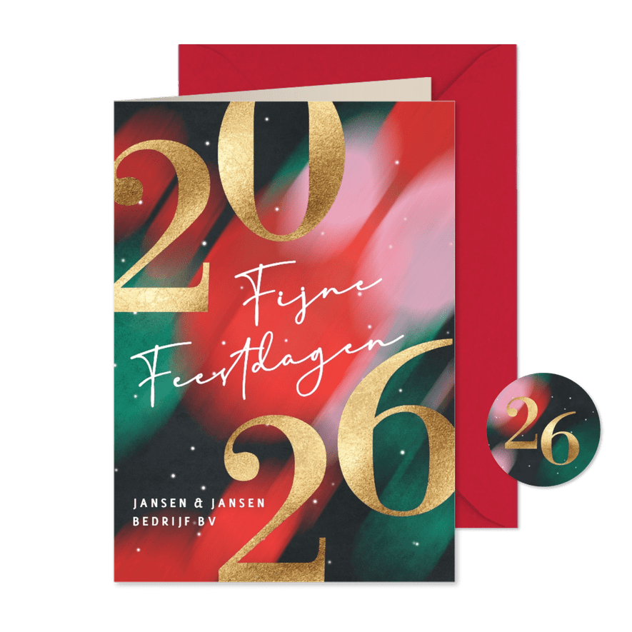 Moderne kerstkaart zakelijk 2026 groen en rood - Kaartimpressie