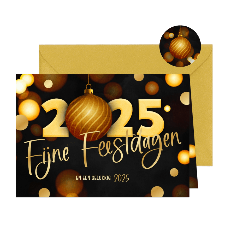 Moderne kerstkaart zwart 2025 kerstbal goud foliedruk - Kaartimpressie