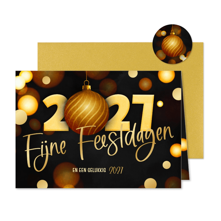 Moderne kerstkaart zwart 2027 kerstbal goud foliedruk - Kaartimpressie