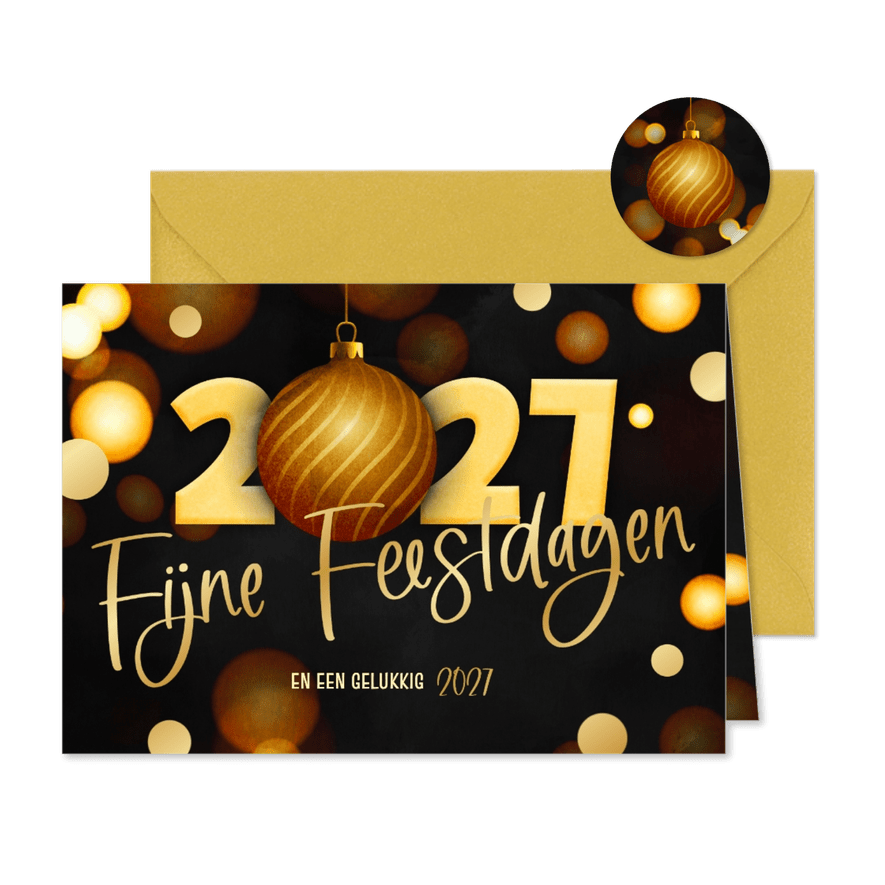 Moderne kerstkaart zwart 2027 kerstbal goud foliedruk - Kaartimpressie