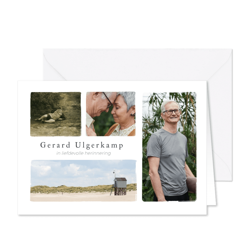 Moderne liggende fotocollage rouw bedankkaart met 4 foto's - Kaartimpressie
