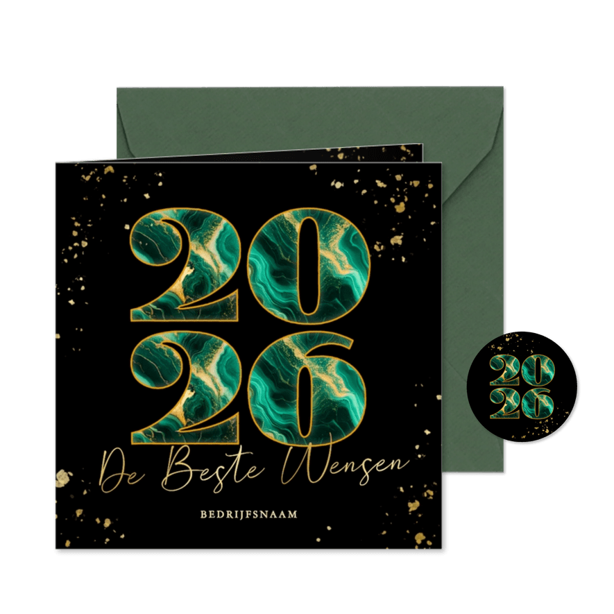 Moderne luxe kerstkaarten marmer jaartal zwart en groen - Kaartimpressie