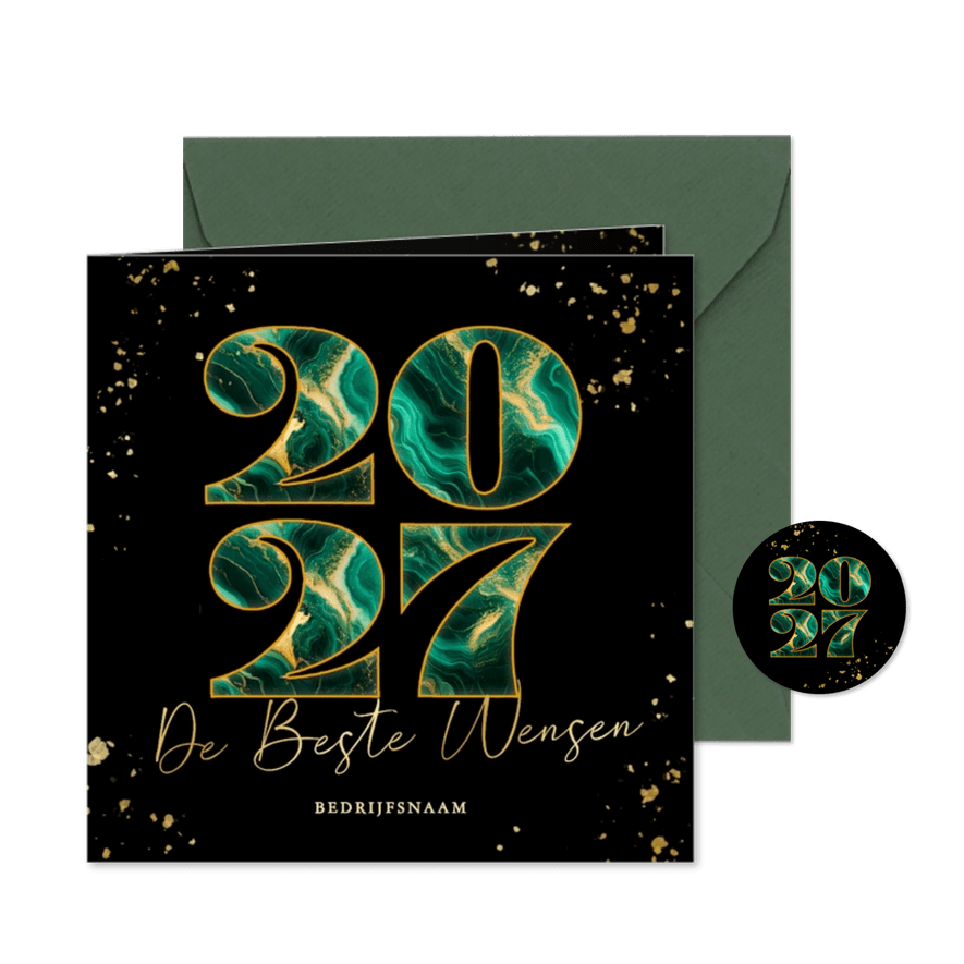 Moderne luxe kerstkaarten marmer jaartal zwart en groen - Kaartimpressie