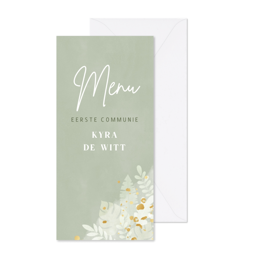 Moderne menukaart eerste communie jungle en gouden spetters - Kaartimpressie