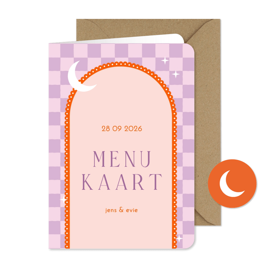 Moderne menukaart met lila ruitjes en oranje boog met maan - Kaartimpressie