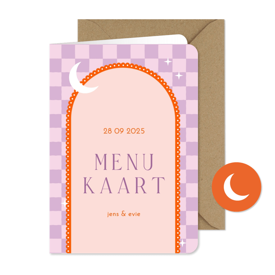 Moderne menukaart met lila ruitjes en oranje boog met maan - Kaartimpressie