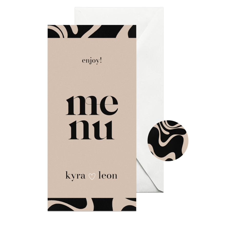 Moderne menukaart zwarte swirl beige achtergrond typografie - Kaartimpressie