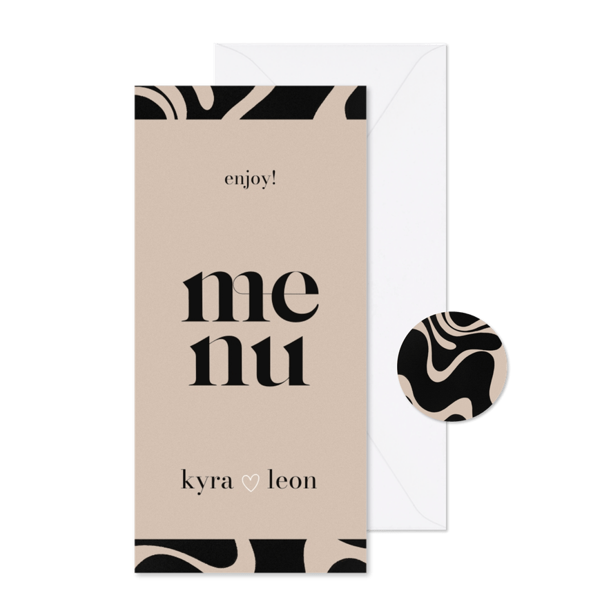 Moderne menukaart zwarte swirl beige achtergrond typografie - Kaartimpressie