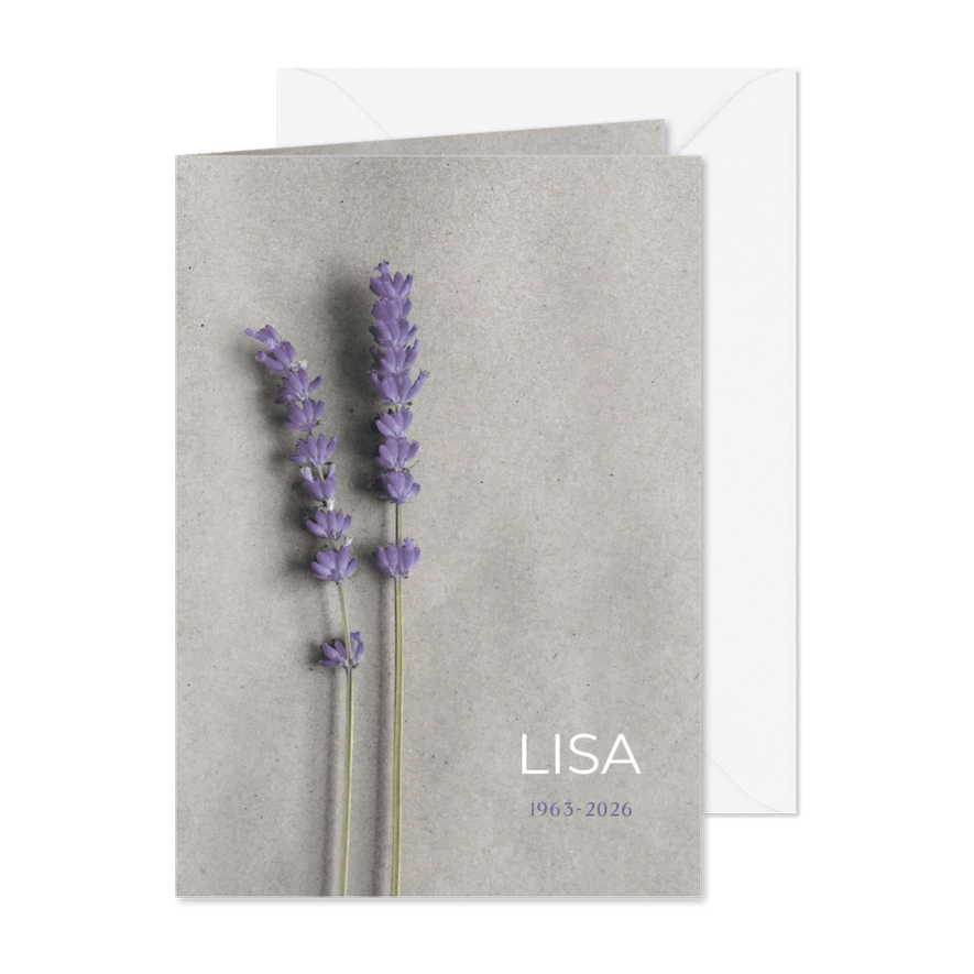 Moderne minimalistische rouwkaart met lavendel takjes - Kaartimpressie
