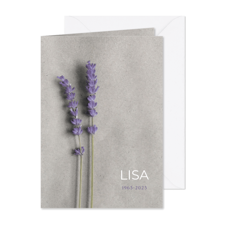 Moderne minimalistische rouwkaart met lavendel takjes - Kaartimpressie