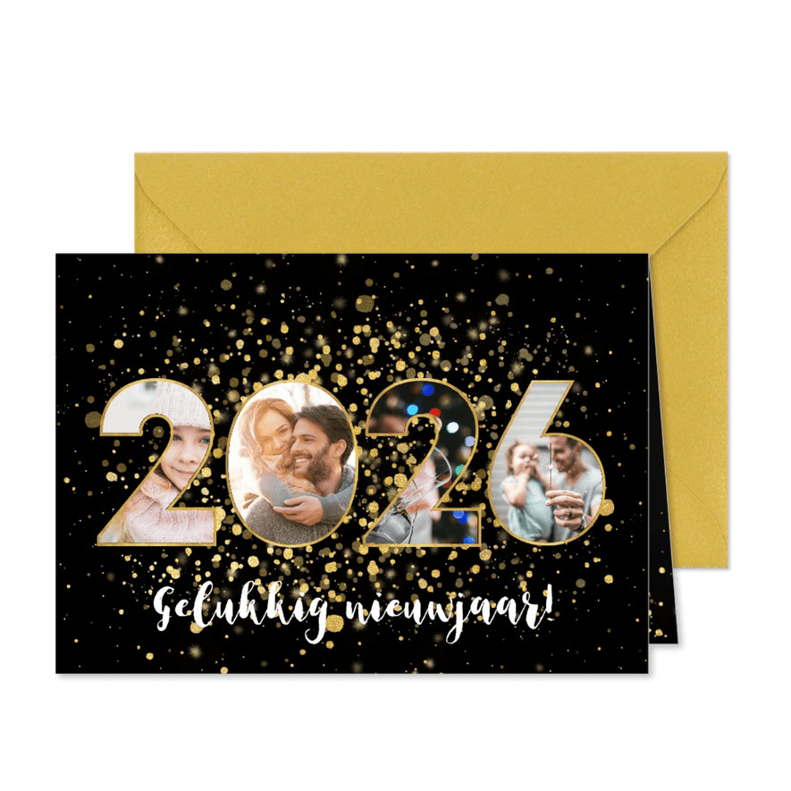 Moderne nieuwjaarskaart 2026 fotocollage en gouden confetti - Kaartimpressie