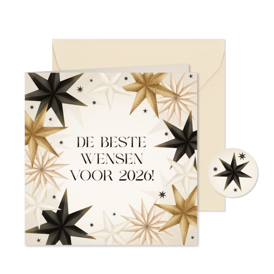 Moderne Nieuwjaarskaart 2026 papieren kerststerren - Kaartimpressie