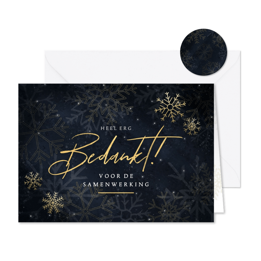 Moderne nieuwjaarskaart bedankt met gouden sneeuwvlokken - Kaartimpressie