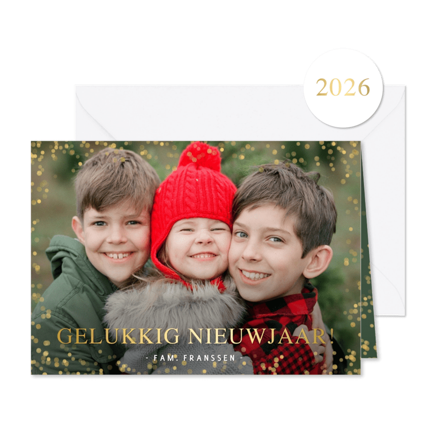 Moderne nieuwjaarskaart eigen foto en gouden confetti kader - Kaartimpressie