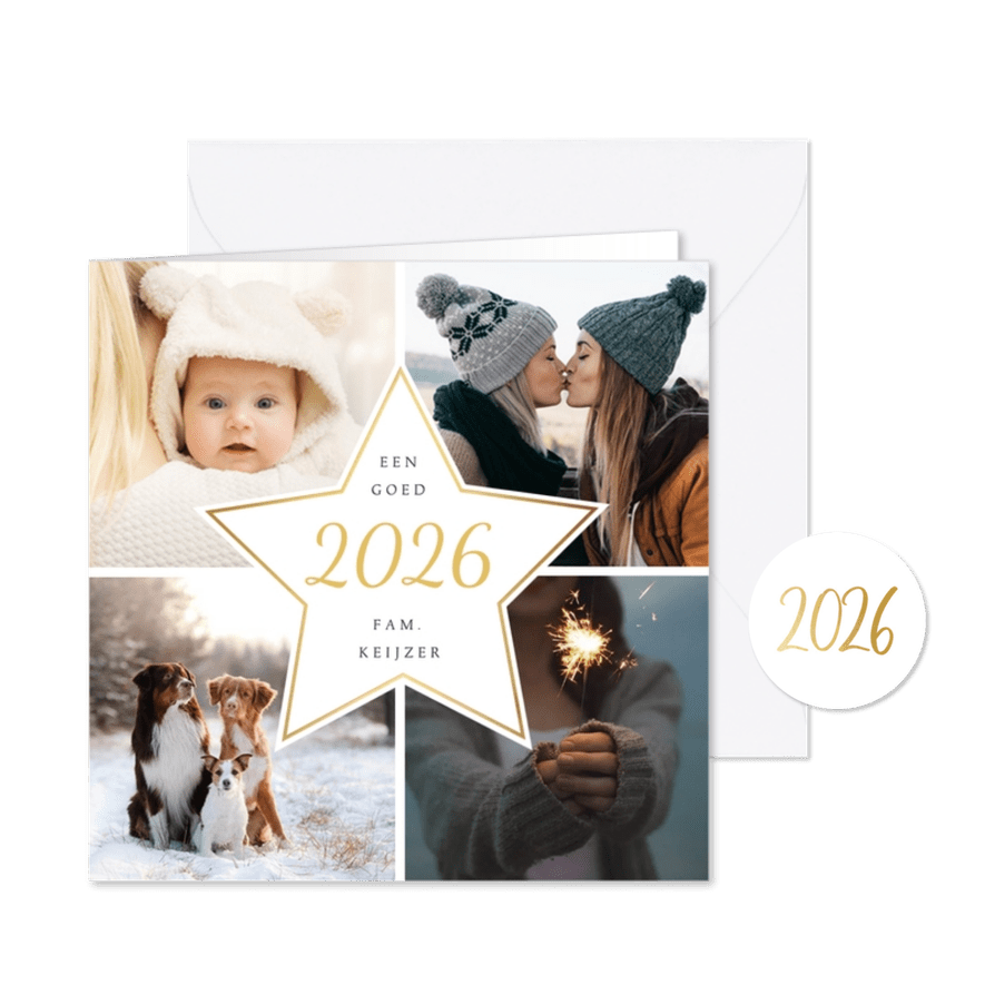 Moderne nieuwjaarskaart fotocollage met 4 foto's en ster - Kaartimpressie