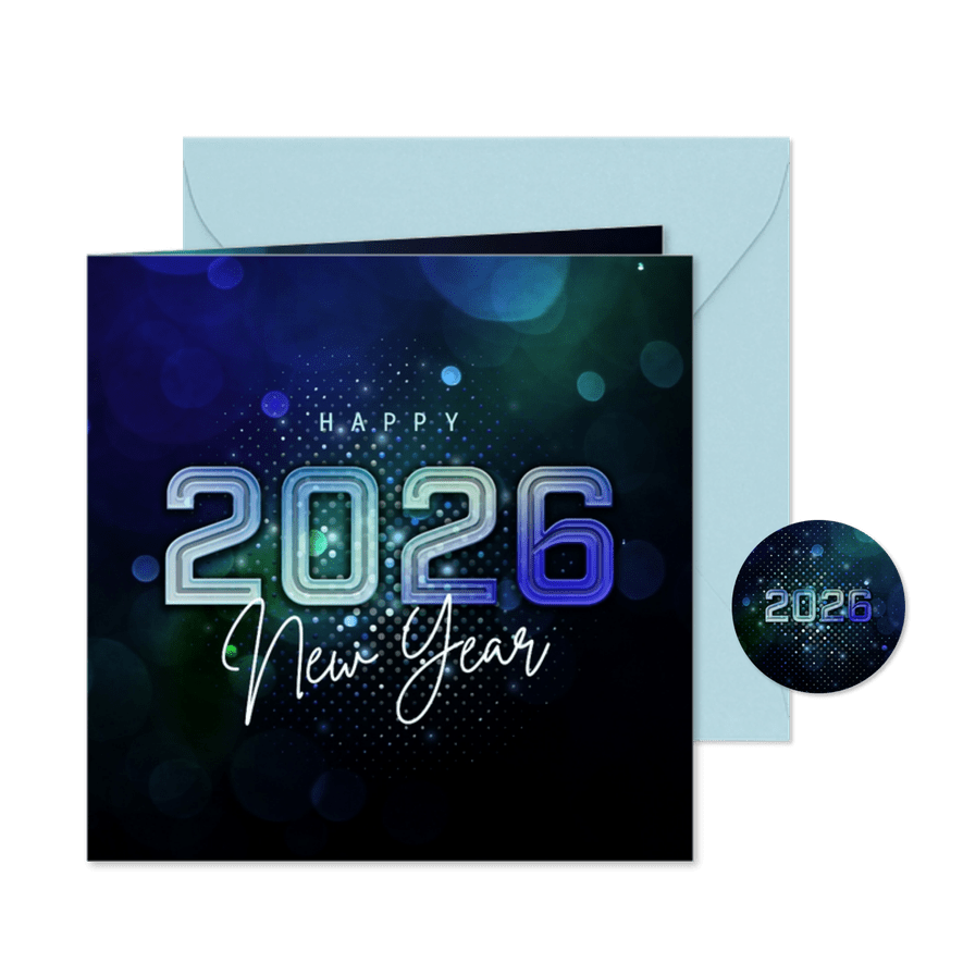 Moderne nieuwjaarskaart futuristisch 2026 blauw - Kaartimpressie