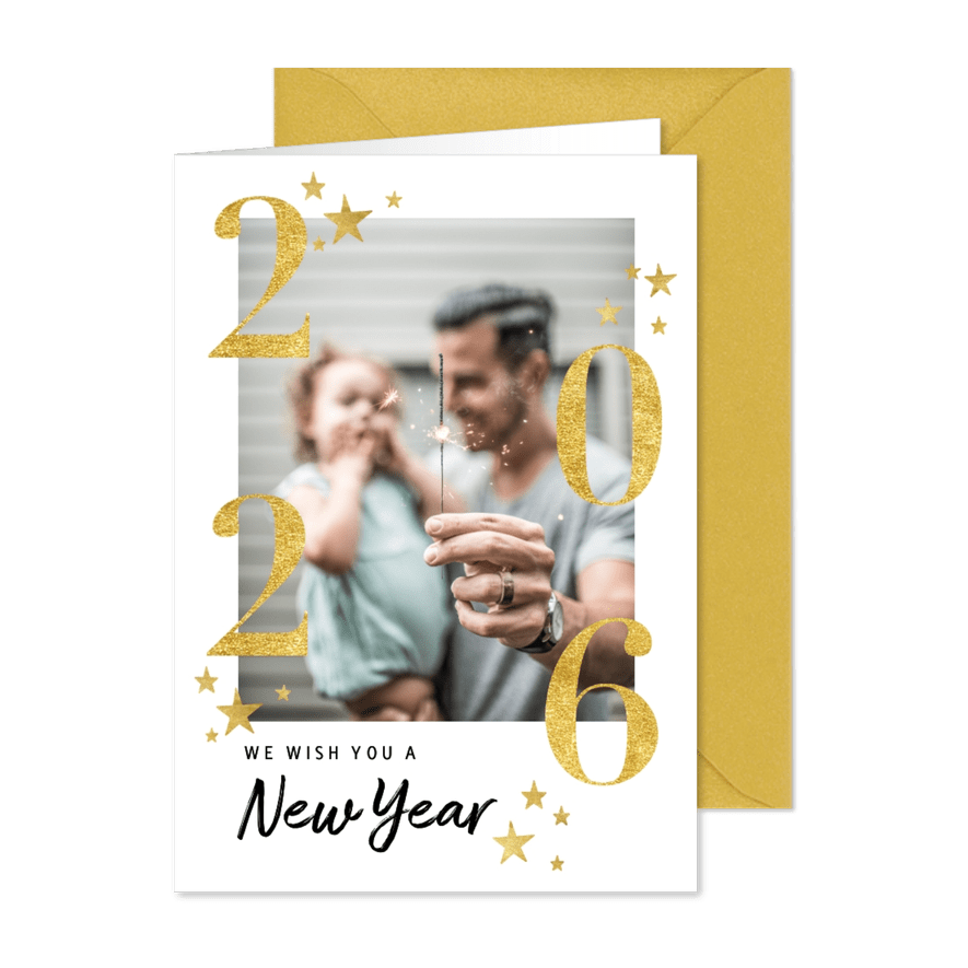 Moderne nieuwjaarskaart goudlook 2026 - Kaartimpressie