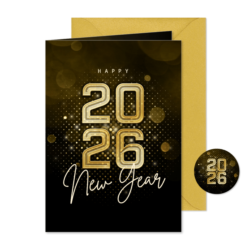 Moderne nieuwjaarskaart goudtinten 2026 futuristisch - Kaartimpressie