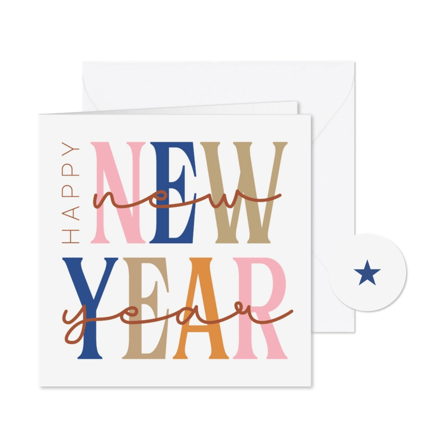 Moderne nieuwjaarskaart happy new year groot gekleurd - Kaartimpressie