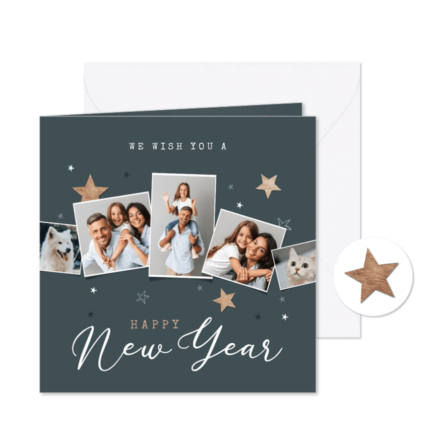 Moderne nieuwjaarskaart houten sterren met foto's - Kaartimpressie