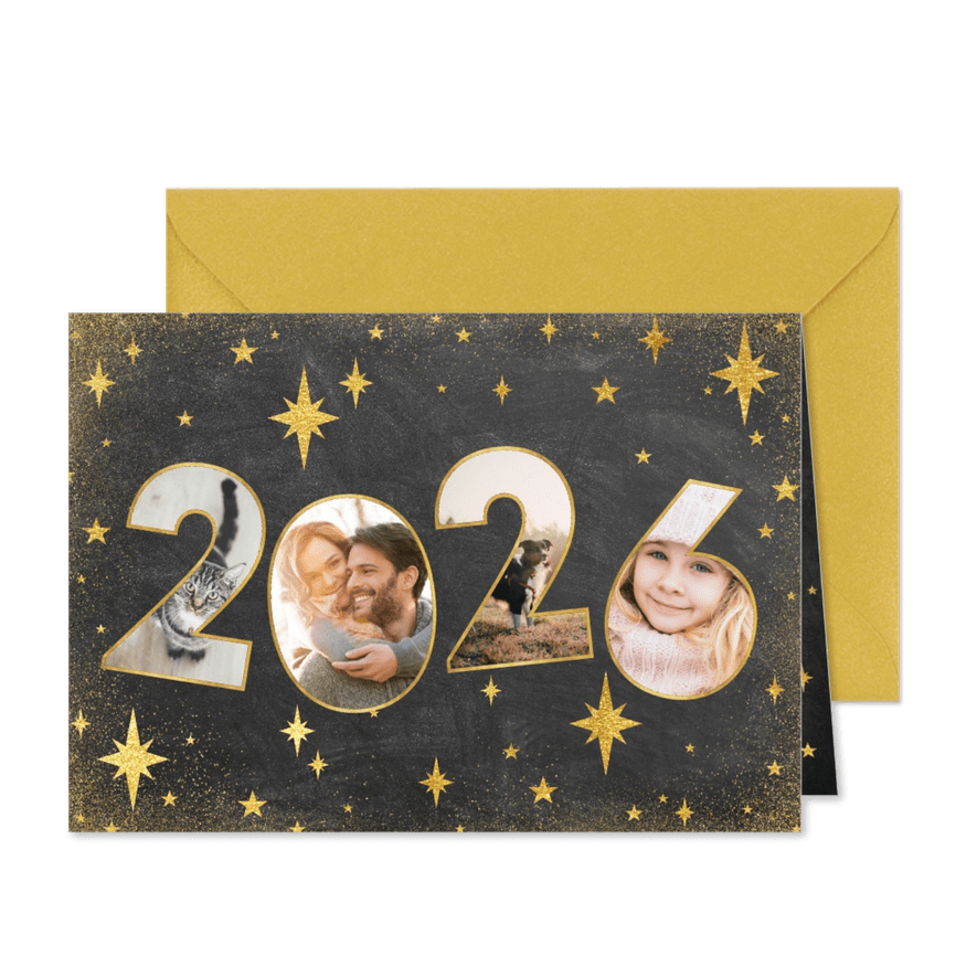 Moderne nieuwjaarskaart met 2026 fotocollage en sterren - Kaartimpressie