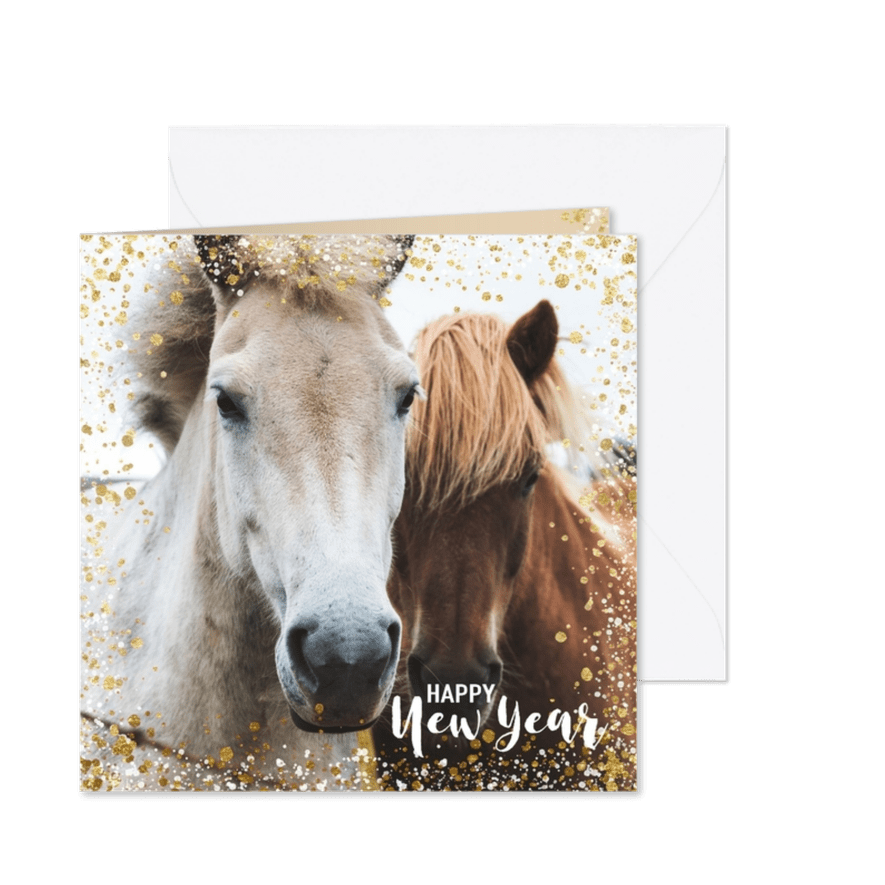 Moderne nieuwjaarskaart met goud en wit spetter kader - Kaartimpressie