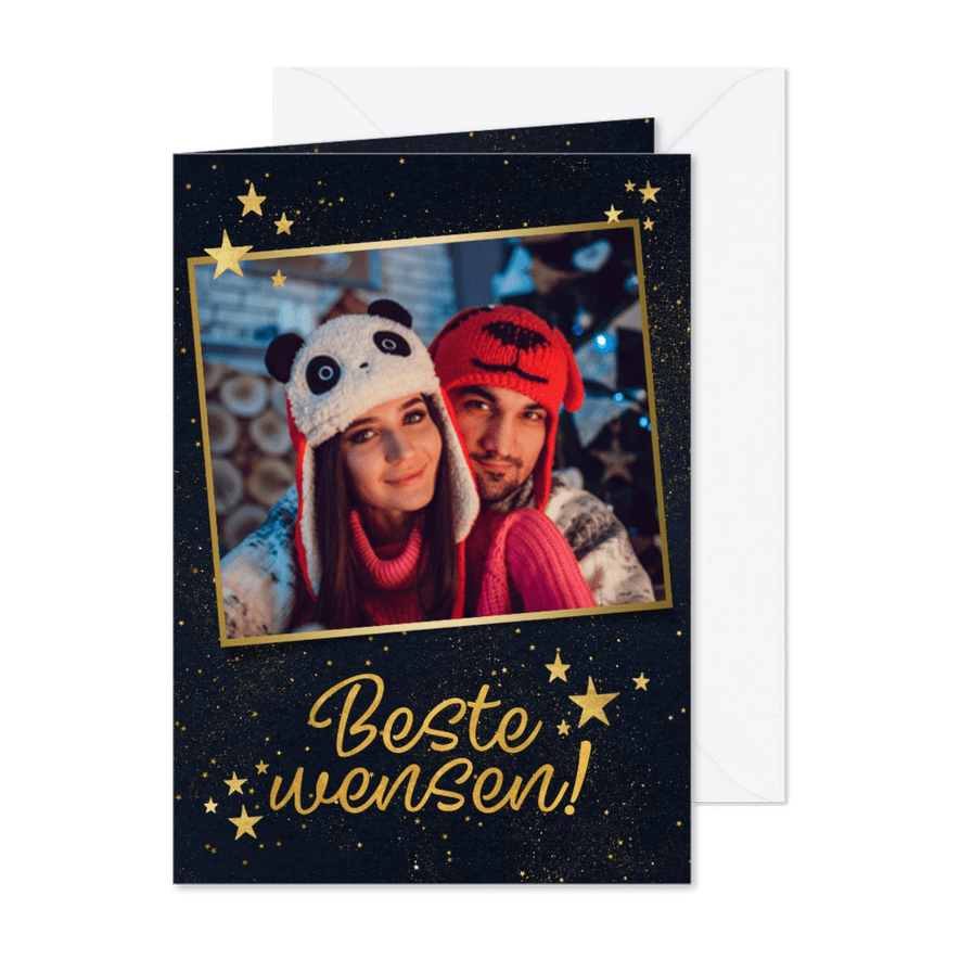 Moderne nieuwjaarskaart met gouden groet en sterren - Kaartimpressie