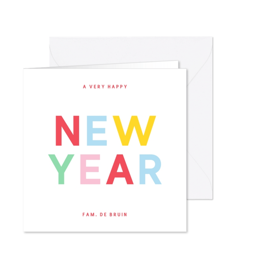 Moderne nieuwjaarskaart met vrolijke regenboog typografie - Kaartimpressie