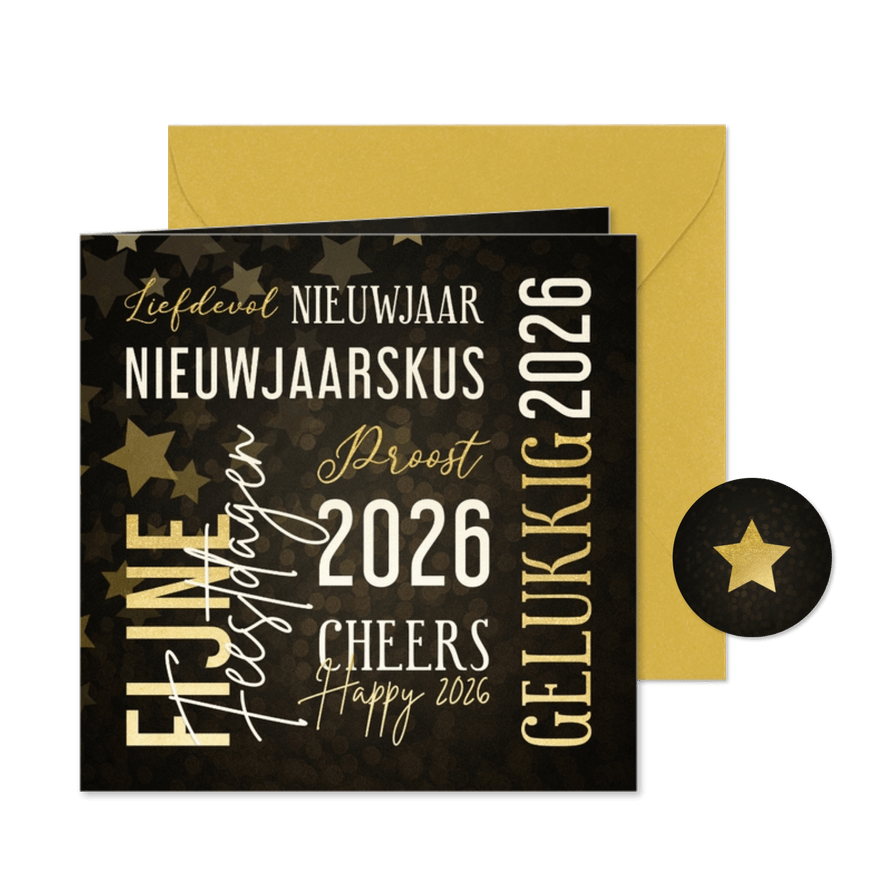 Moderne nieuwjaarskaart met woorden in goudlook - Kaartimpressie