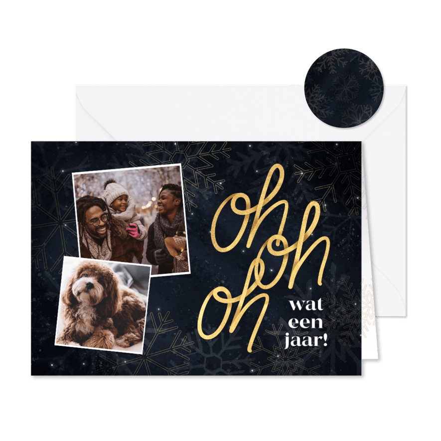 Moderne nieuwjaarskaart Oh Oh Oh wat een jaar met foto's - Kaartimpressie