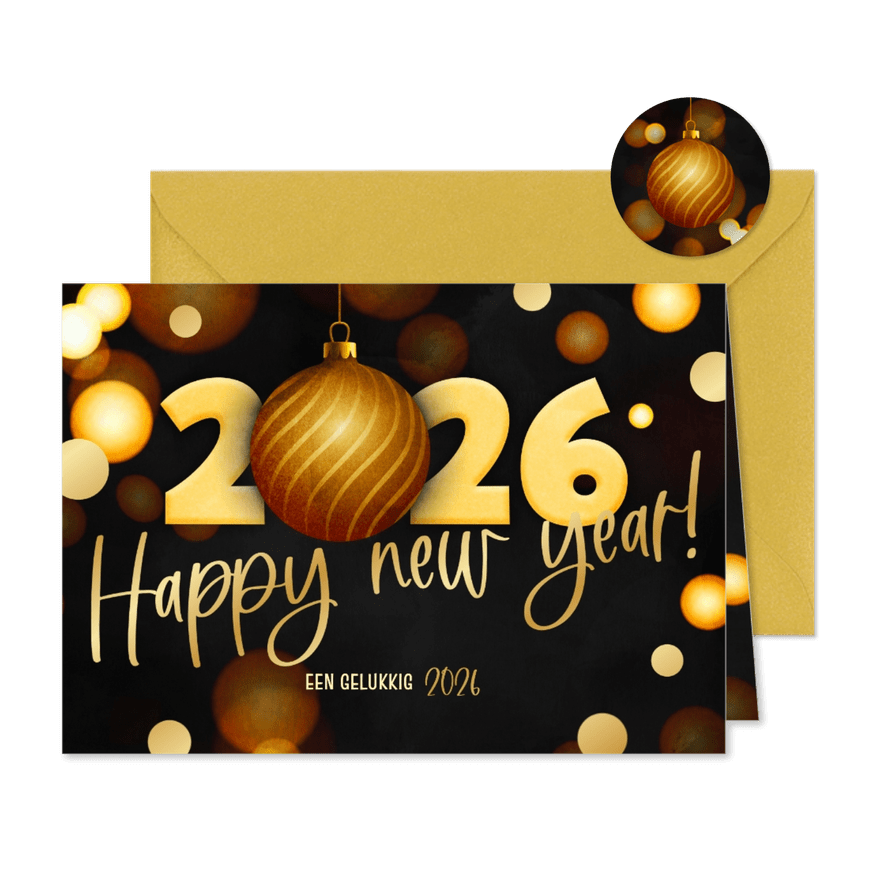 Moderne nieuwjaarskaart zwart 2026 kerstbal goud foliedruk - Kaartimpressie