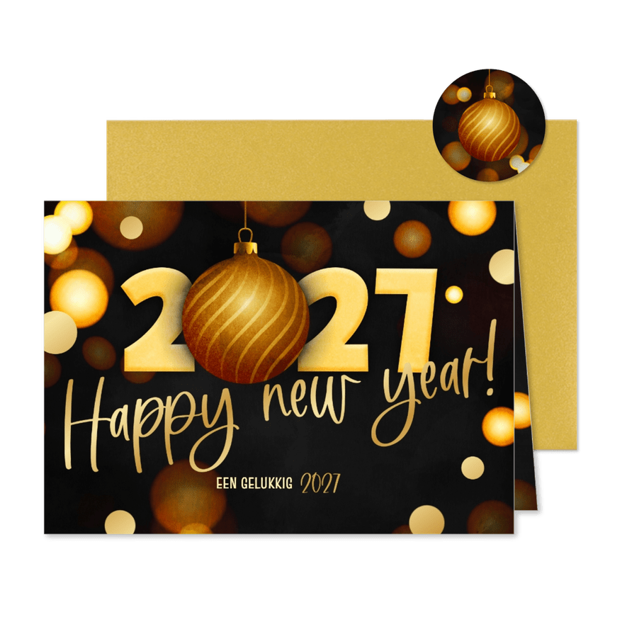 Moderne nieuwjaarskaart zwart 2027 kerstbal goud foliedruk - Kaartimpressie