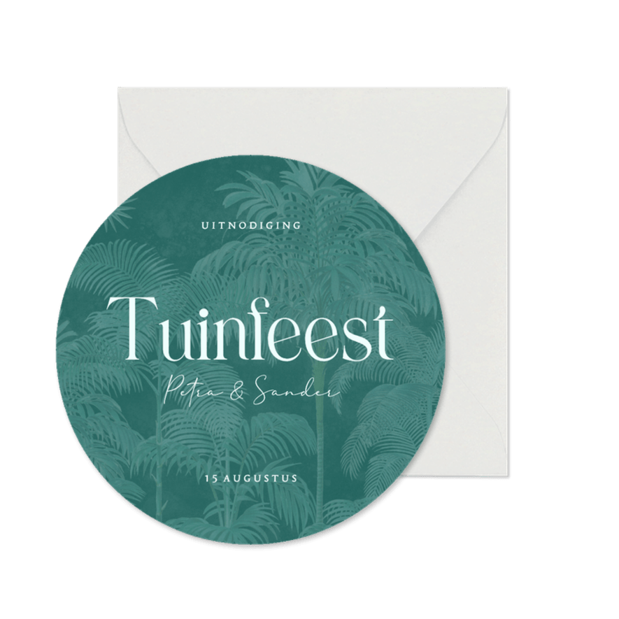 Moderne ronde uitnodiging tuinfeest met palmbomen - Kaartimpressie