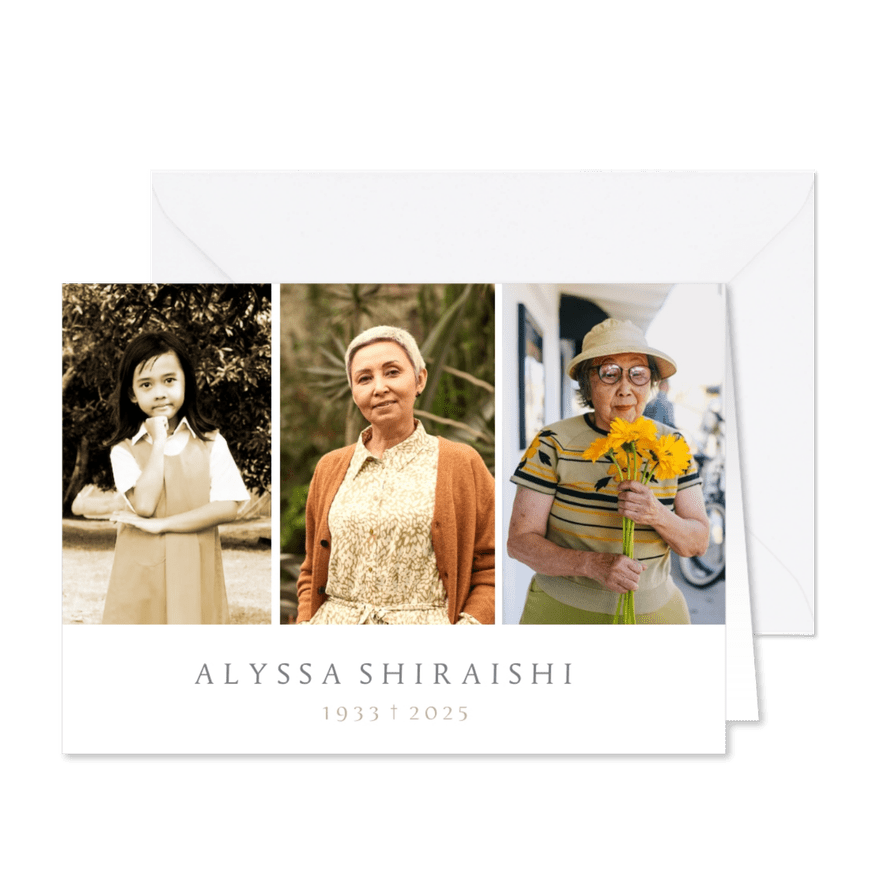 Moderne rouw bedankkaart met 3 foto's van vroeger - Kaartimpressie