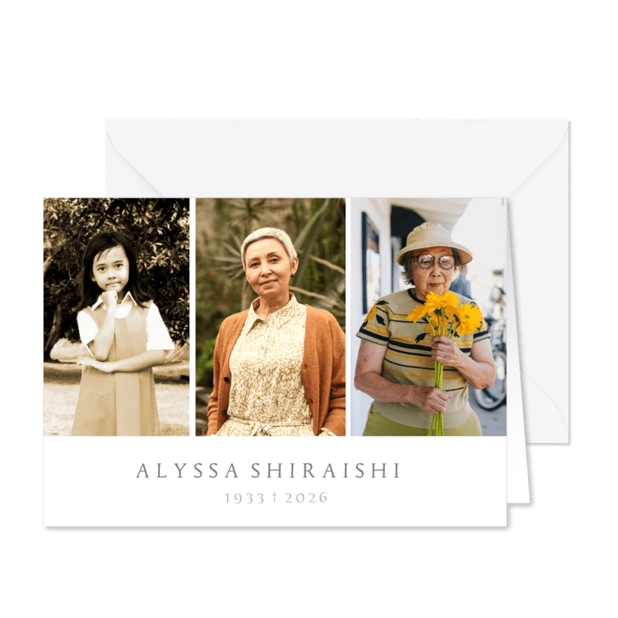 Moderne rouw bedankkaart met 3 foto's van vroeger - Kaartimpressie