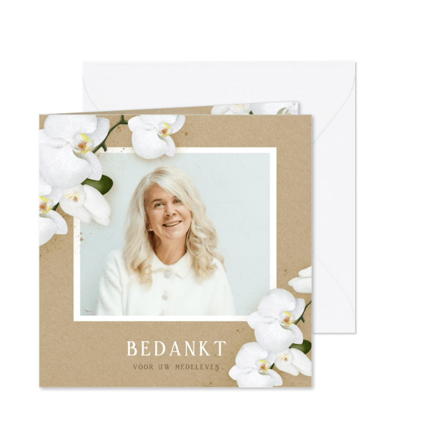 Moderne rouw bedankkaart met illustratie van een orchidee - Kaartimpressie