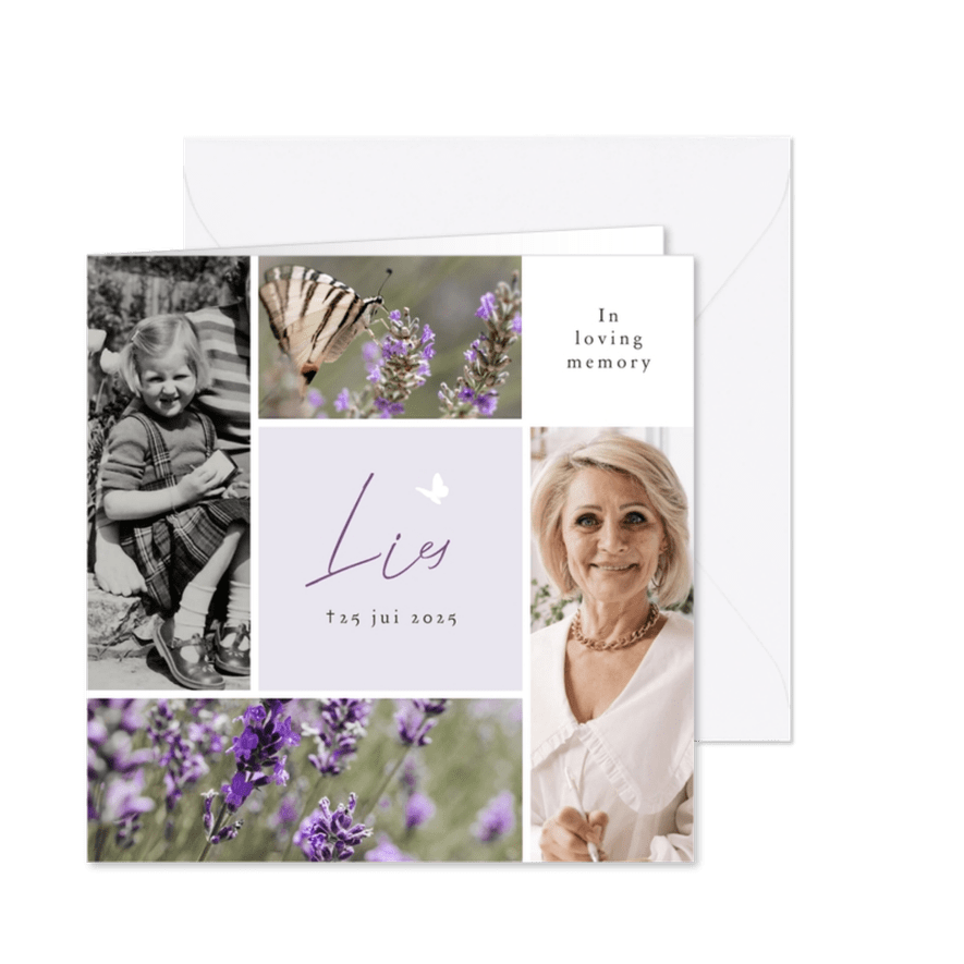 Moderne rouwkaart collage 4 foto's lavendel silhouet vlinder - Kaartimpressie