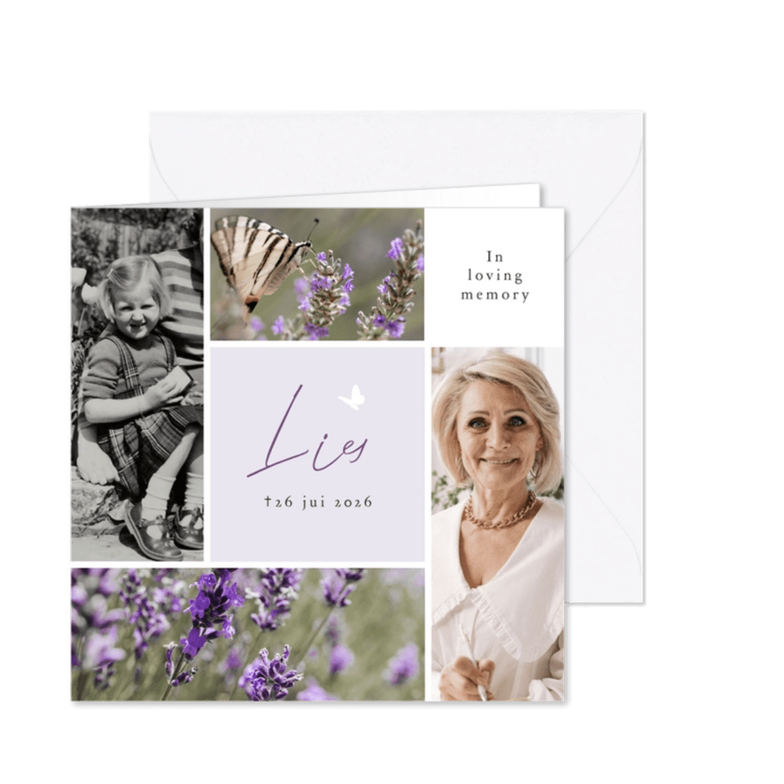 Moderne rouwkaart collage 4 foto's lavendel silhouet vlinder - Kaartimpressie