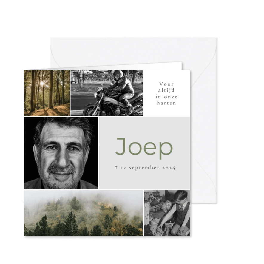 Moderne rouwkaart collage horizontaal 5 foto's natuur groen - Kaartimpressie