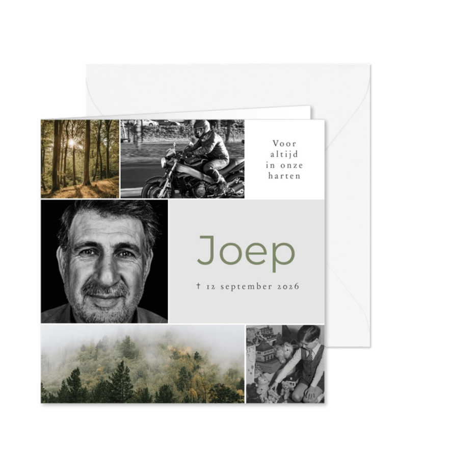 Moderne rouwkaart collage horizontaal 5 foto's natuur groen - Kaartimpressie