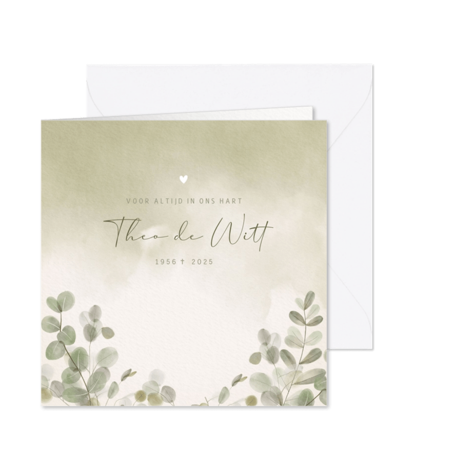 Moderne rouwkaart groene waterverf eucalyptus takjes - Kaartimpressie