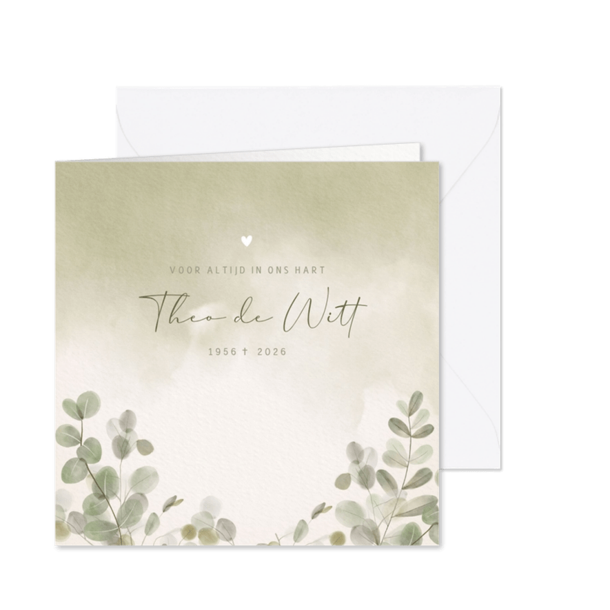 Moderne rouwkaart groene waterverf eucalyptus takjes - Kaartimpressie