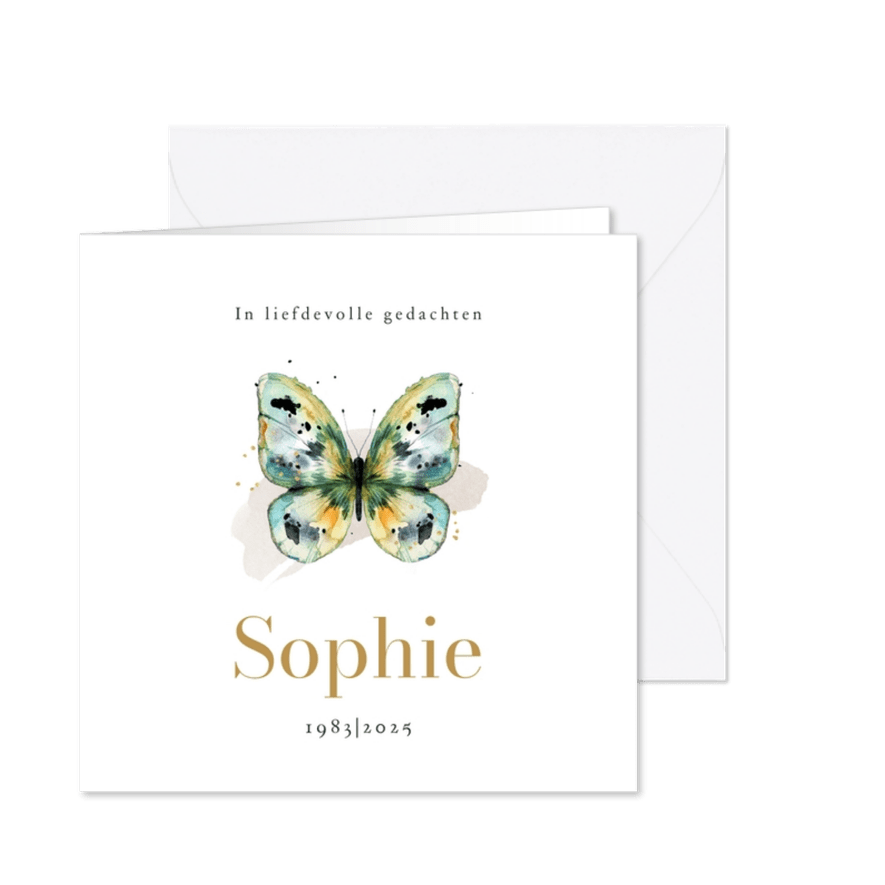 Moderne rouwkaart kleurrijke vlinder watercolor verfstreep - Kaartimpressie