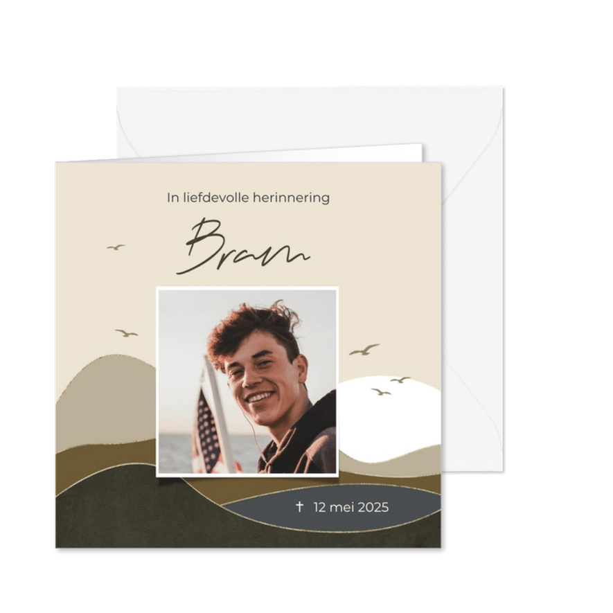 Moderne rouwkaart landschap heuvels goud vogels foto - Kaartimpressie