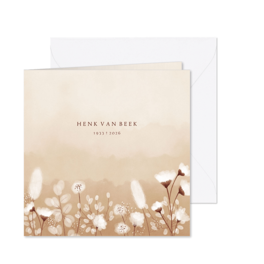 Moderne rouwkaart met droogbloemen en beige waterverf - Kaartimpressie